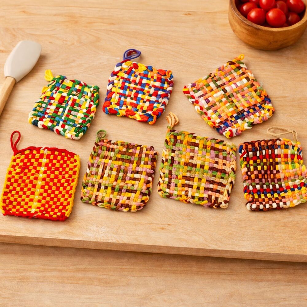 Vintage Loom Woven Potholders Set of 7 Multicolor Handmade Fabric Hot Pads